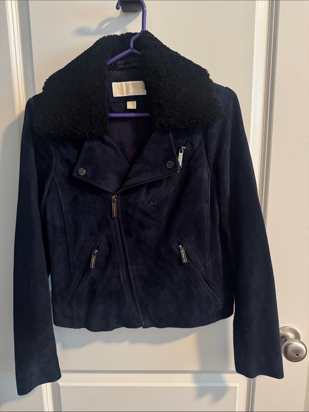 MICHAEL Michael Kors Navy Suede Biker Jacket with Black Shearling Collar